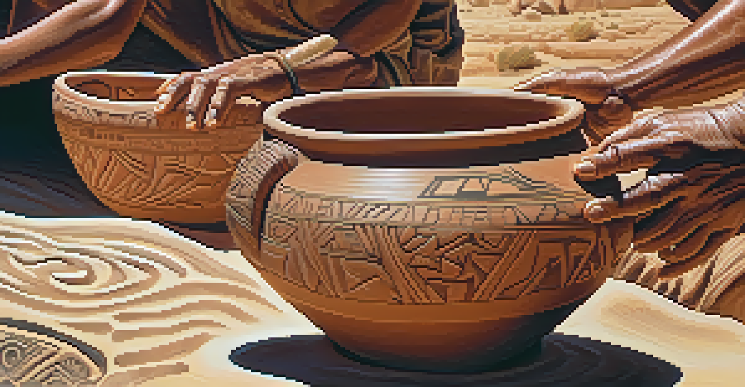 A Hopi potter shaping a traditional clay pot with intricate designs, set against a sunlit desert backdrop.