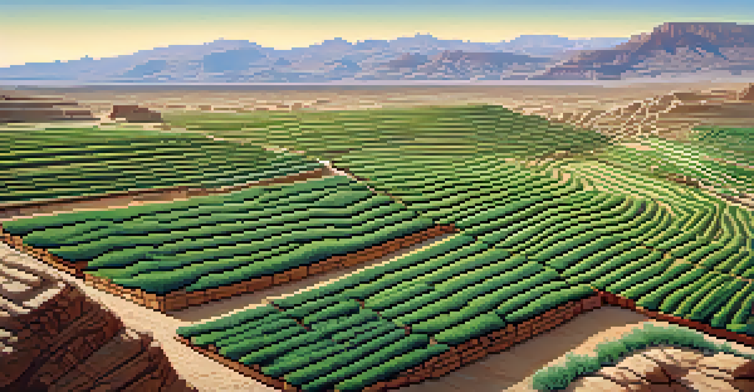 An aerial view of terraced agricultural fields with green crops set against a background of mesas and mountains under a clear blue sky.