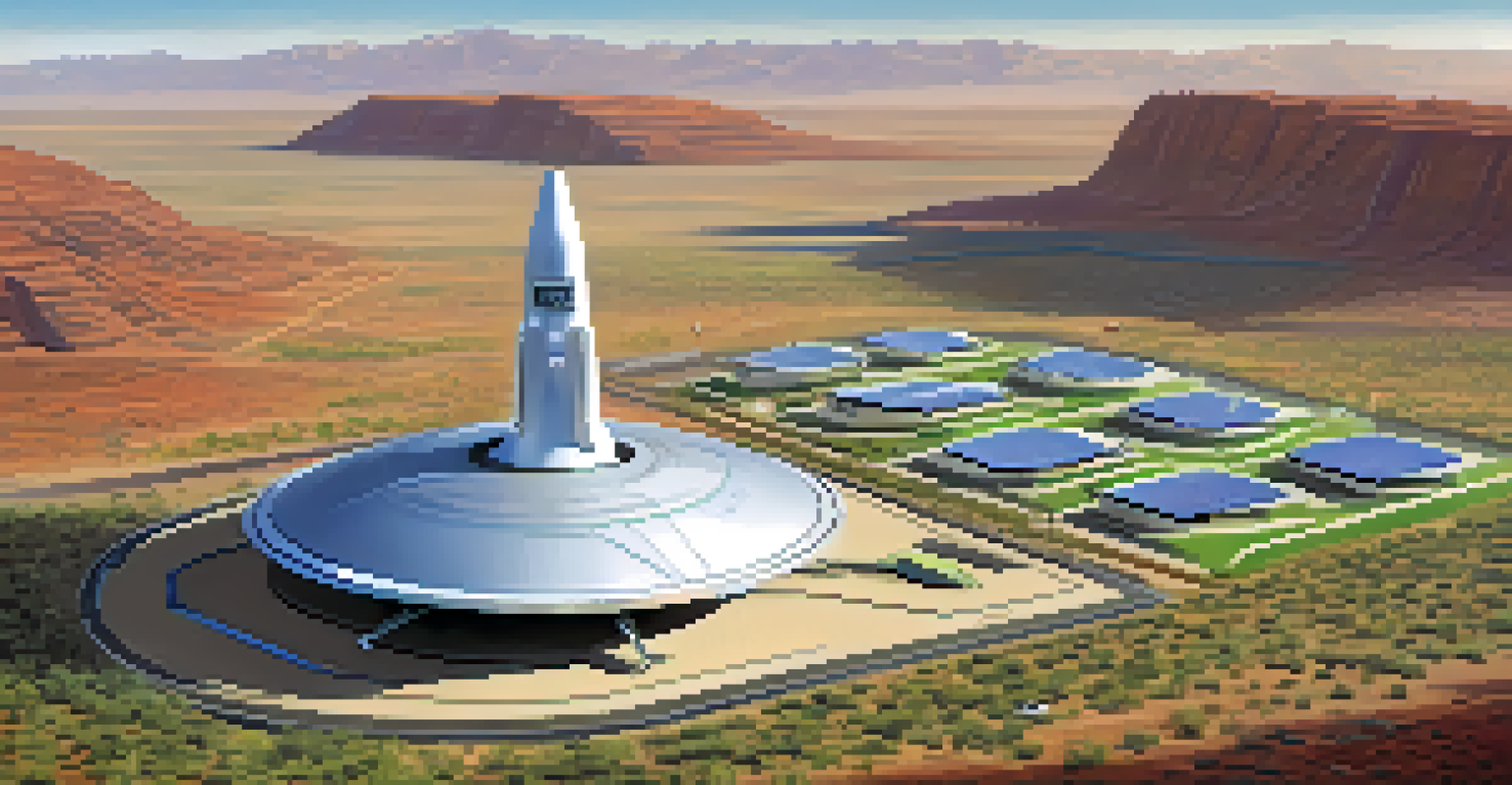 A futuristic depiction of the Arizona Spaceport with sleek spacecraft, surrounded by the desert landscape and green areas.