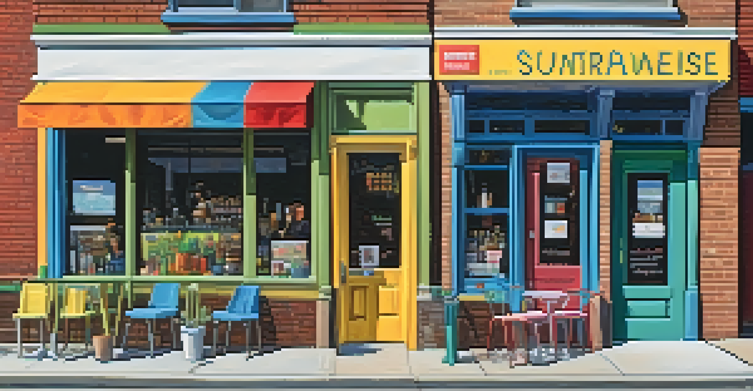 A small local business storefront with colorful displays and outdoor seating, showcasing a vibrant community atmosphere on a sunny day.