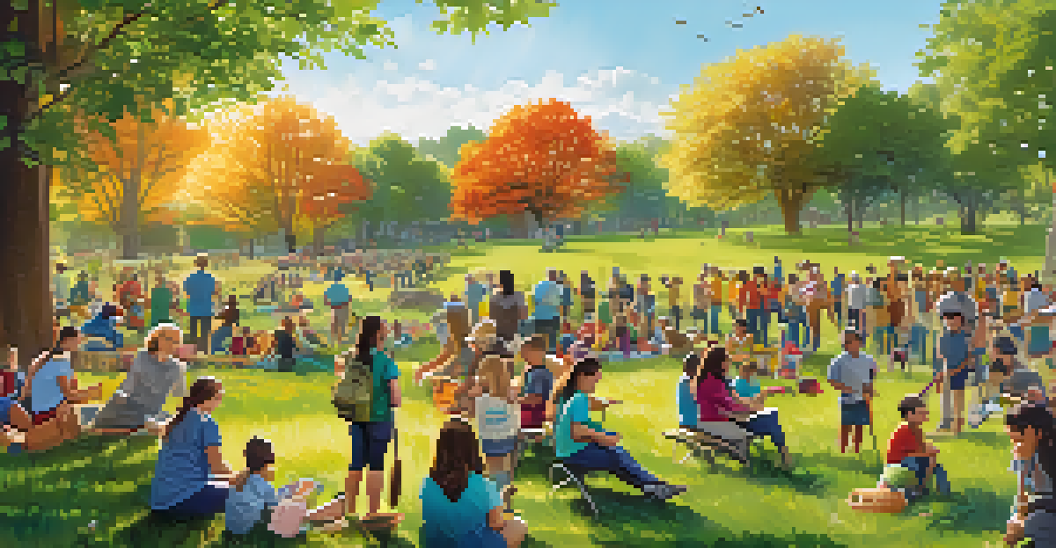 A community event in a park where volunteers plant native flowers, surrounded by families and educational materials on wildlife conservation.
