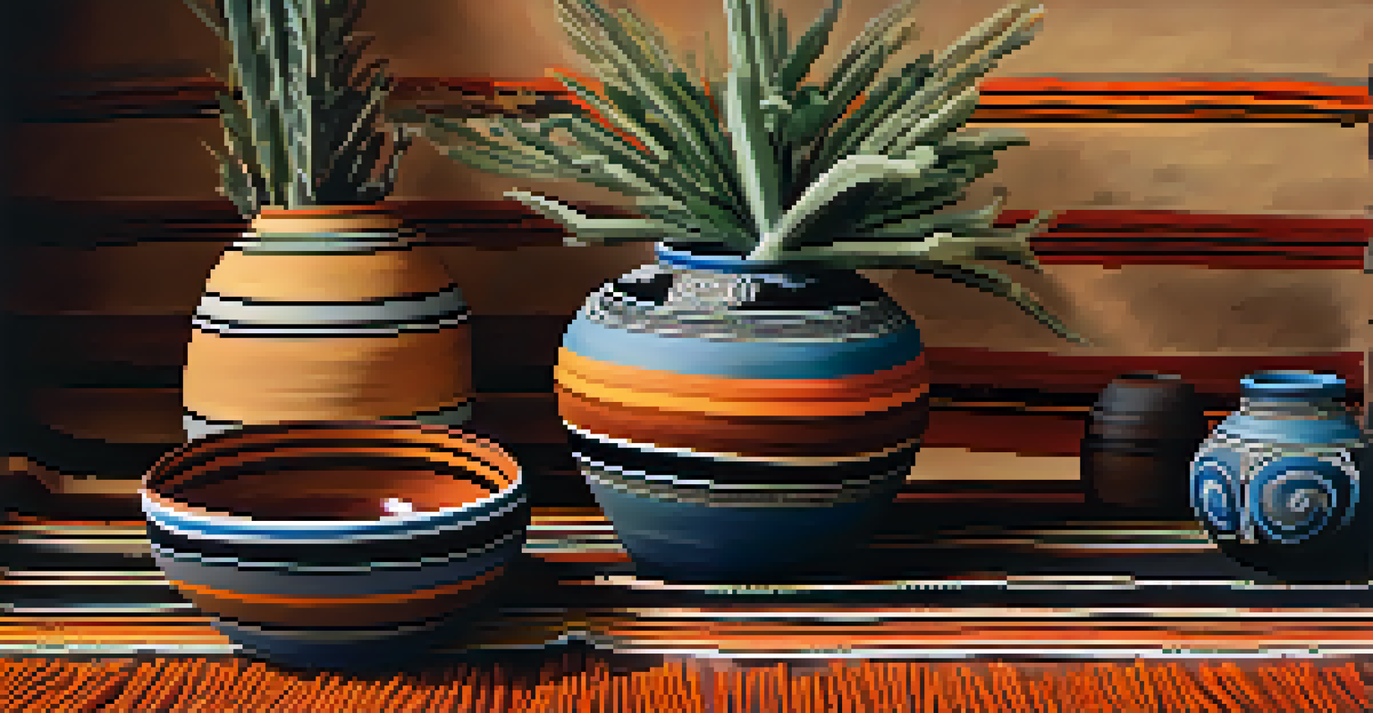A close-up of a beautifully crafted Navajo pottery piece with intricate designs, displayed on a woven mat with desert plants softly blurred in the background.