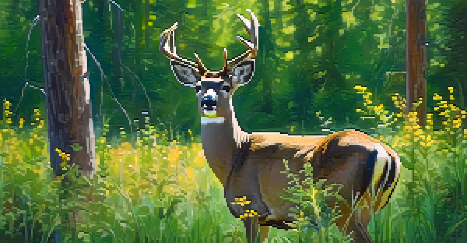 A close-up of a mule deer in a sunlit forest glade, surrounded by wildflowers and greenery.