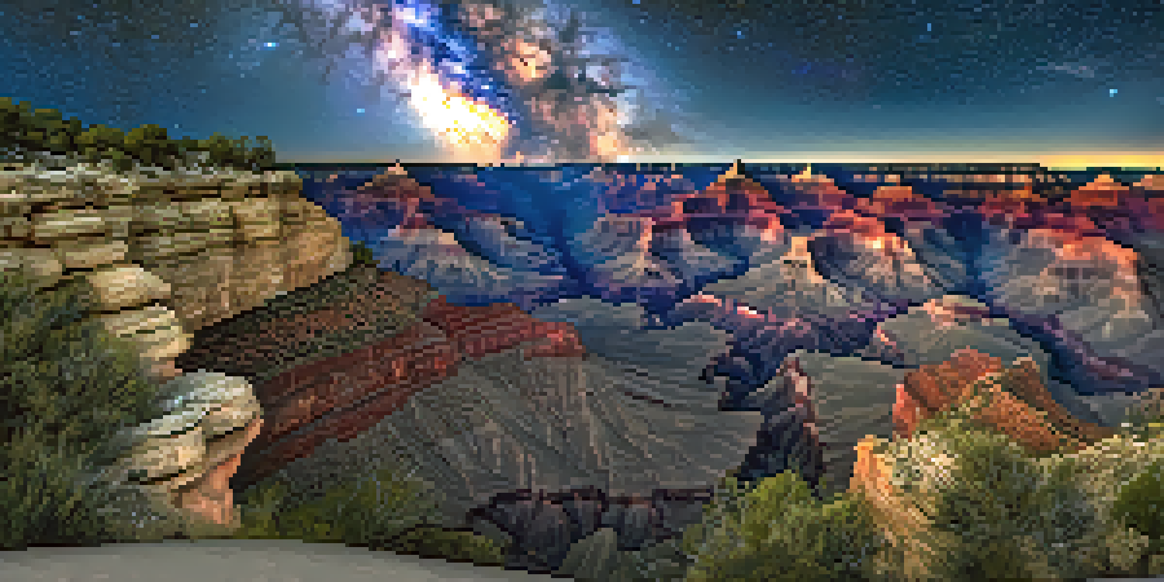 A stunning view of the night sky filled with stars over the Grand Canyon, with the Milky Way visible and canyon cliffs illuminated softly.