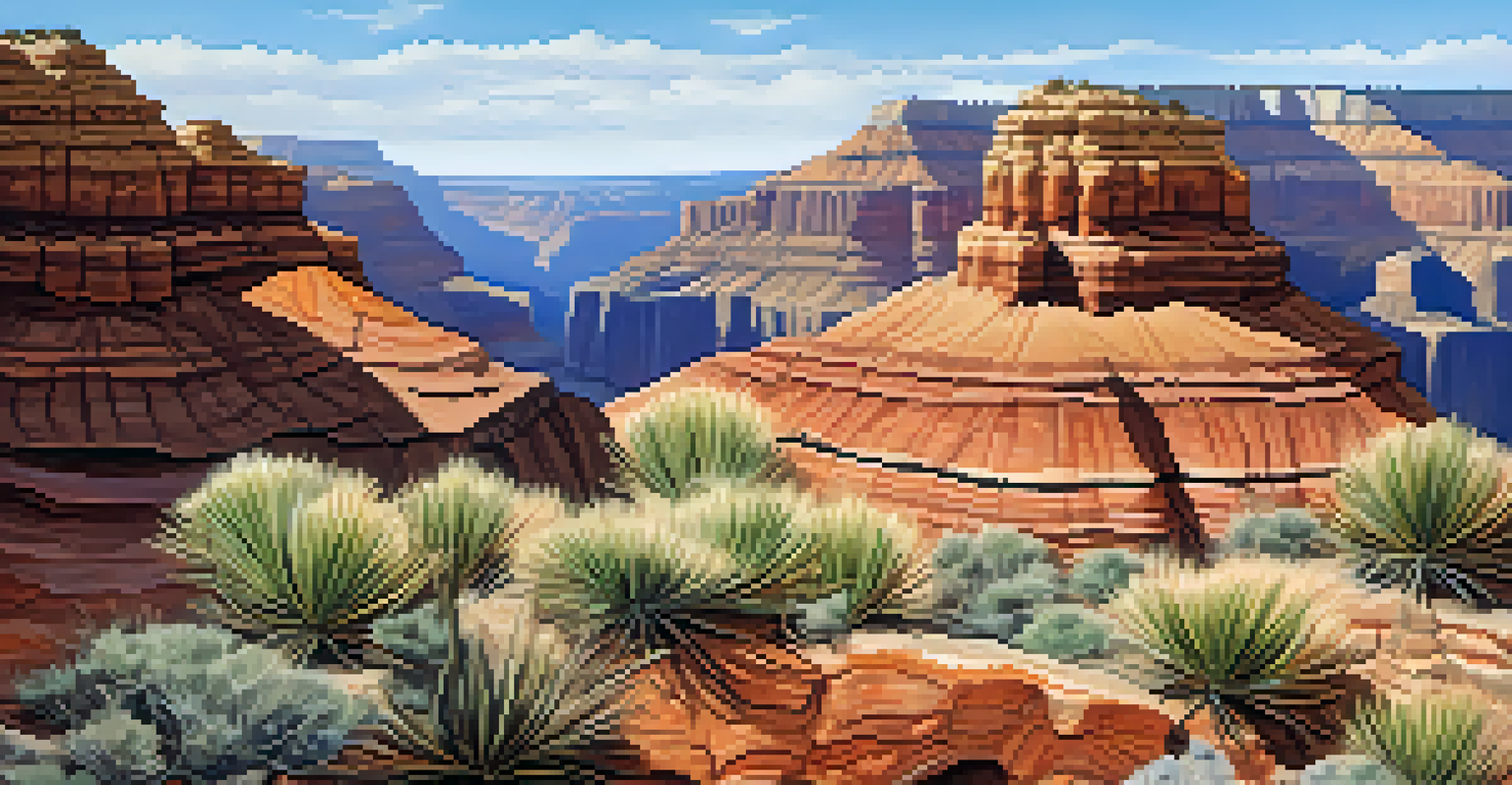 A detailed view of colorful rock formations in the Grand Canyon, showcasing layers and textures.