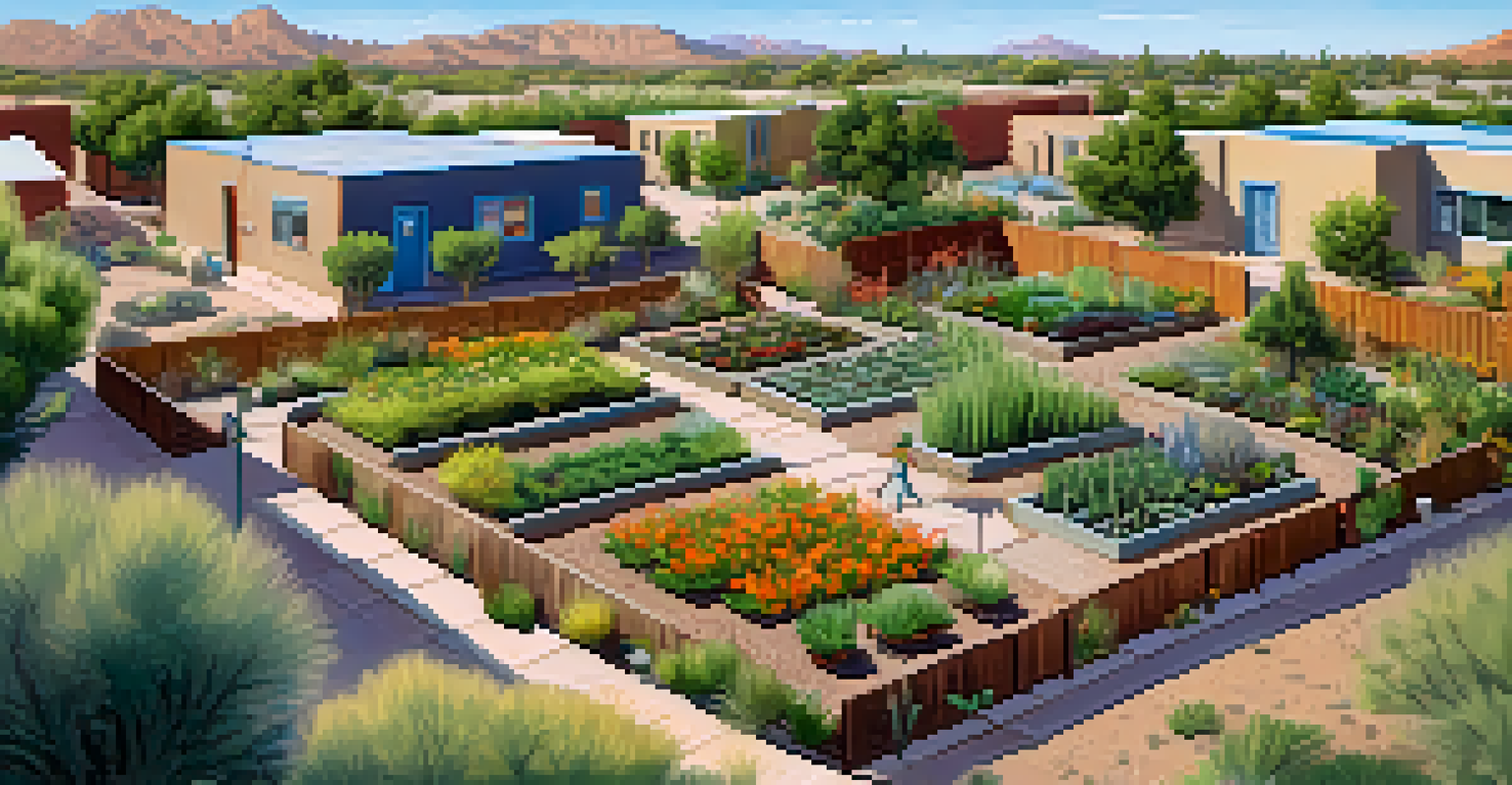 Aerial view of a vibrant community garden in Arizona, showcasing native plants and vegetables with residents working in the garden.
