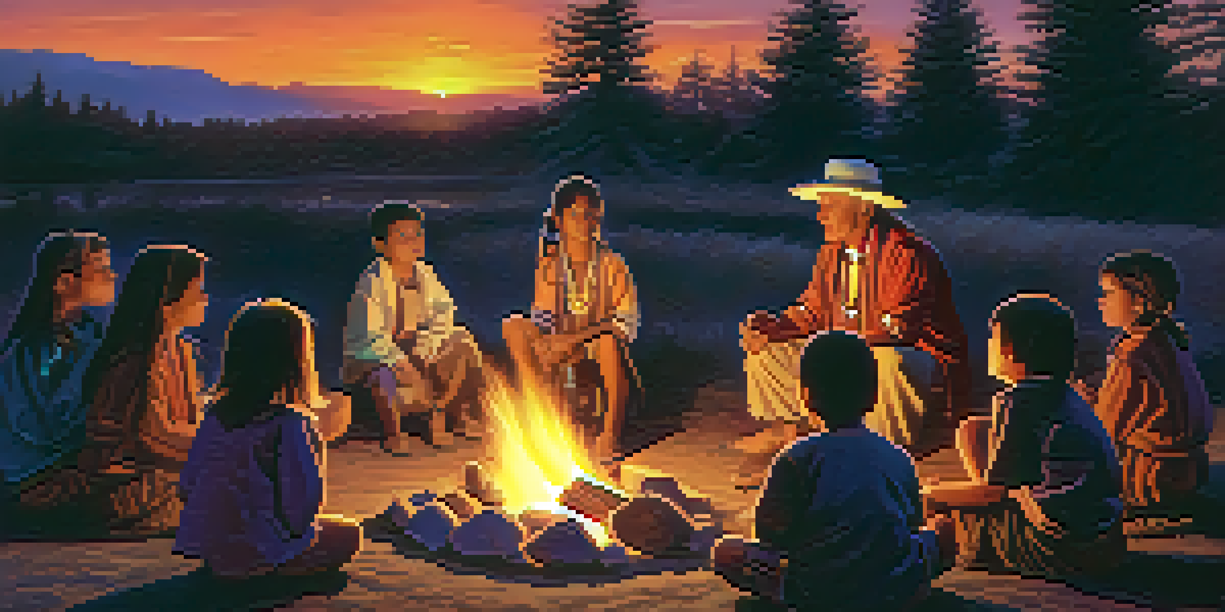 An elder in traditional attire storytelling to children around a campfire during sunset, surrounded by trees.