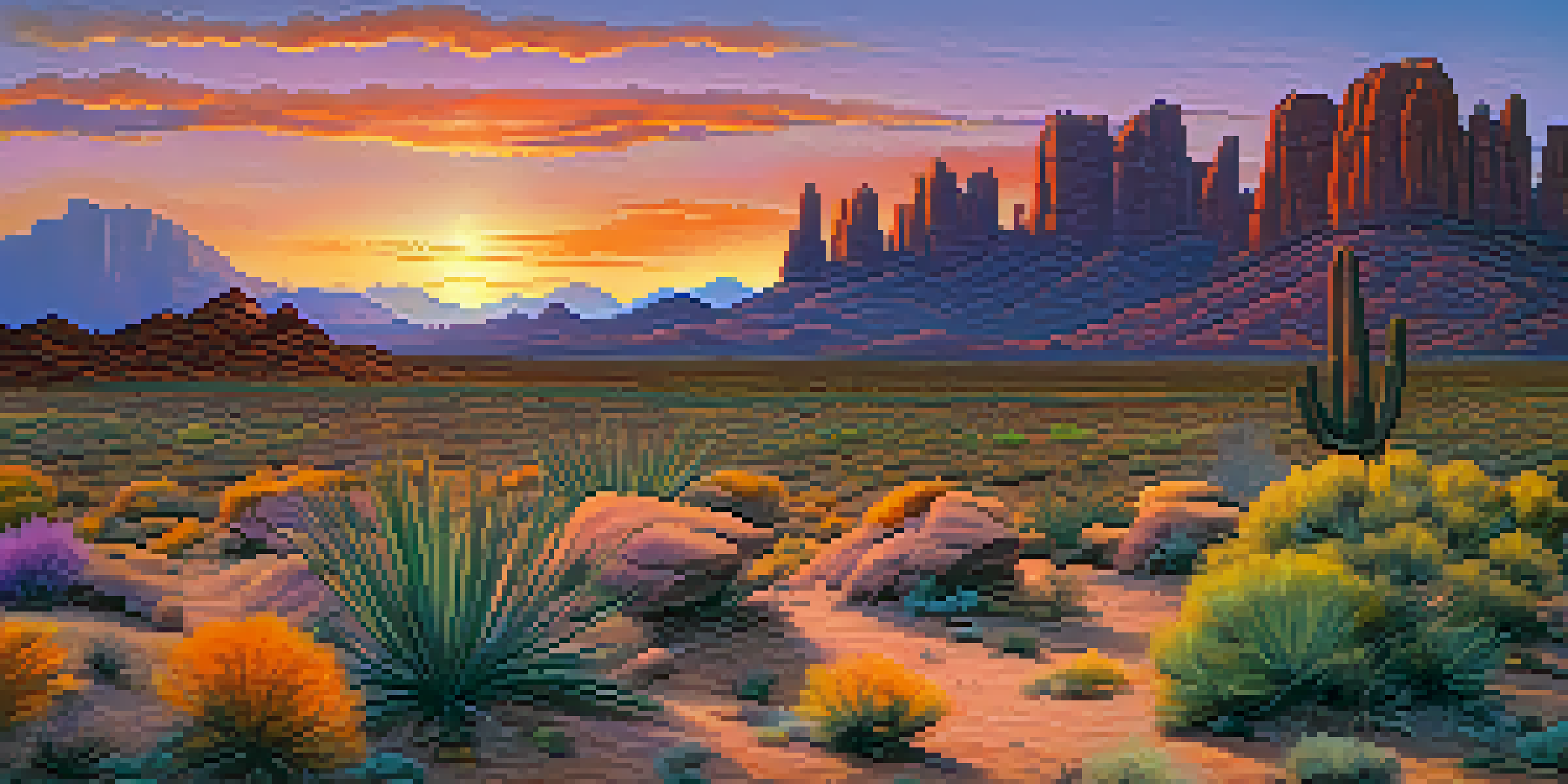A panoramic view of the Arizona desert during sunset with colorful skies and rugged terrain.