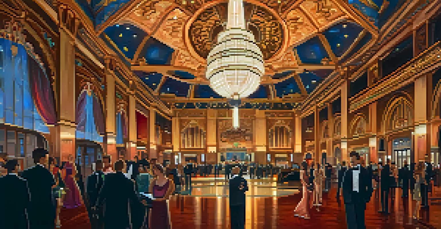 The grand lobby of the Fox Theatre, showcasing elegant chandeliers and decorative murals, filled with guests before a performance.