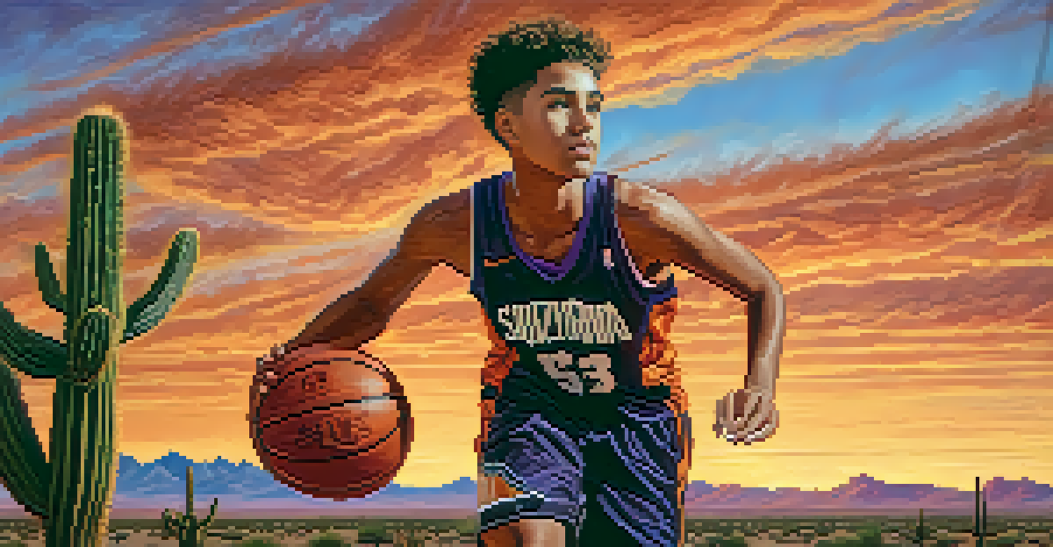 A young basketball player in a Phoenix Suns jersey practicing outdoors with a sunset over a desert landscape in the background.