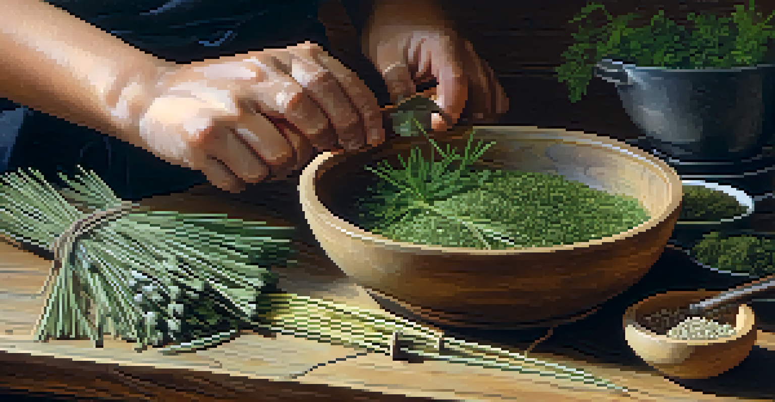 Close-up of hands grinding herbs with a mortar and pestle on a wooden table, with sweetgrass visible nearby, illuminated by natural light.