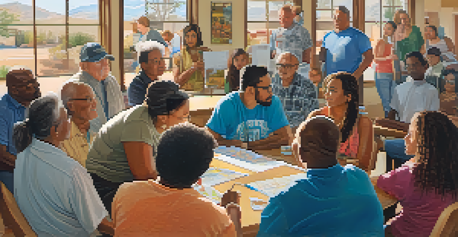 A close-up of a community meeting in an Arizona neighborhood focused on drug prevention, with diverse residents discussing.