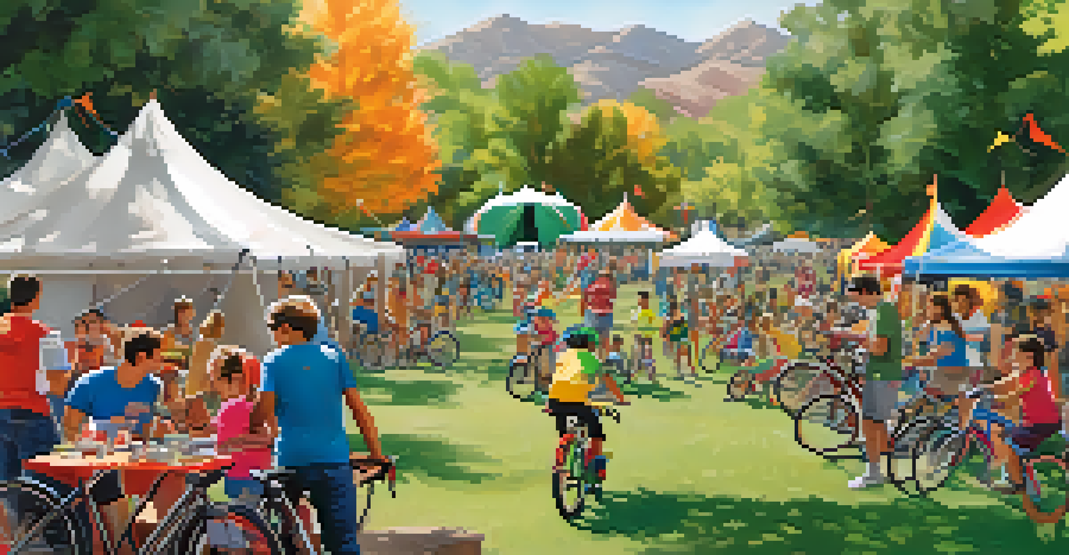 A bicycle festival in a park with families participating in cycling activities and enjoying food.
