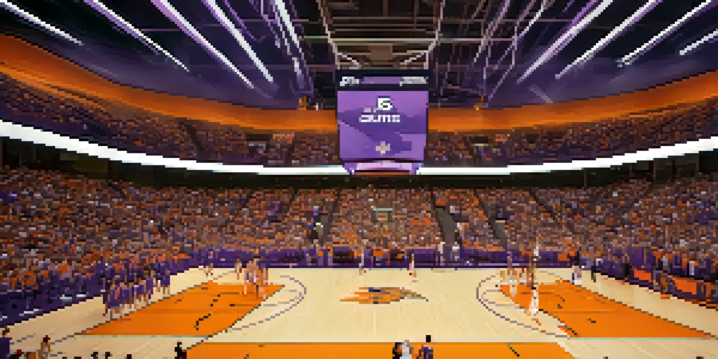 A lively basketball game at the Footprint Center with enthusiastic fans in purple and orange, bright lights, and players in motion.