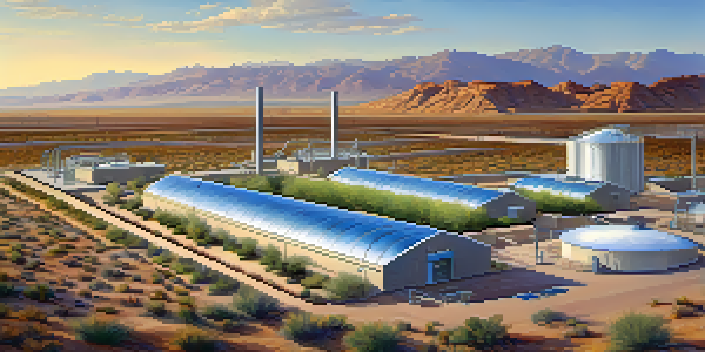 A modern wastewater treatment facility in Arizona, surrounded by desert plants and mountains under a clear blue sky.