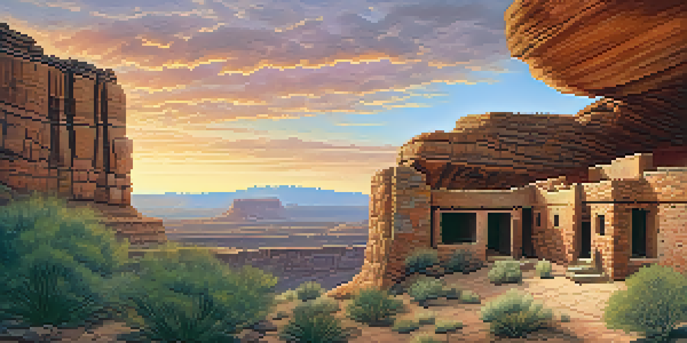 A panoramic view of a cliff dwelling built into a canyon, with desert plants in the foreground and a picturesque sunset in the background.