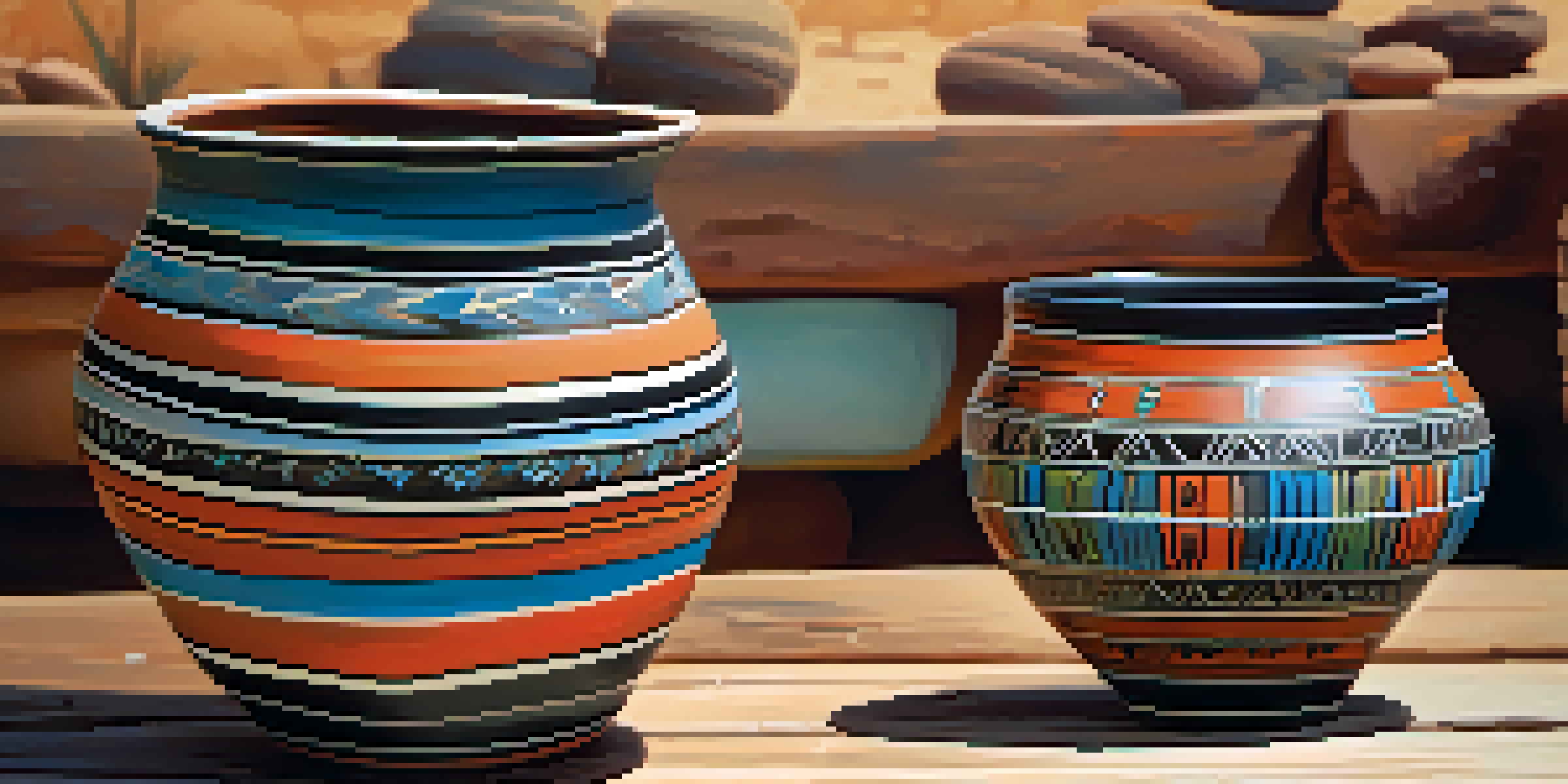 A close-up of colorful Native American pottery with intricate patterns on a wooden table, illuminated by natural light with a blurred desert landscape in the background.