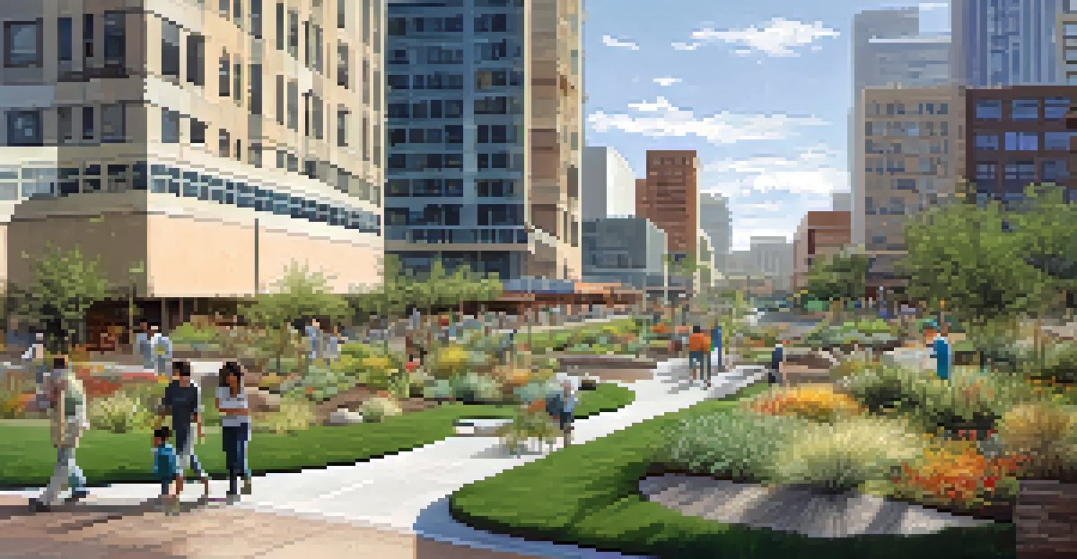 A vibrant urban scene in Arizona featuring stormwater capture solutions like rain gardens and permeable pavements, with people interacting in a green city environment.