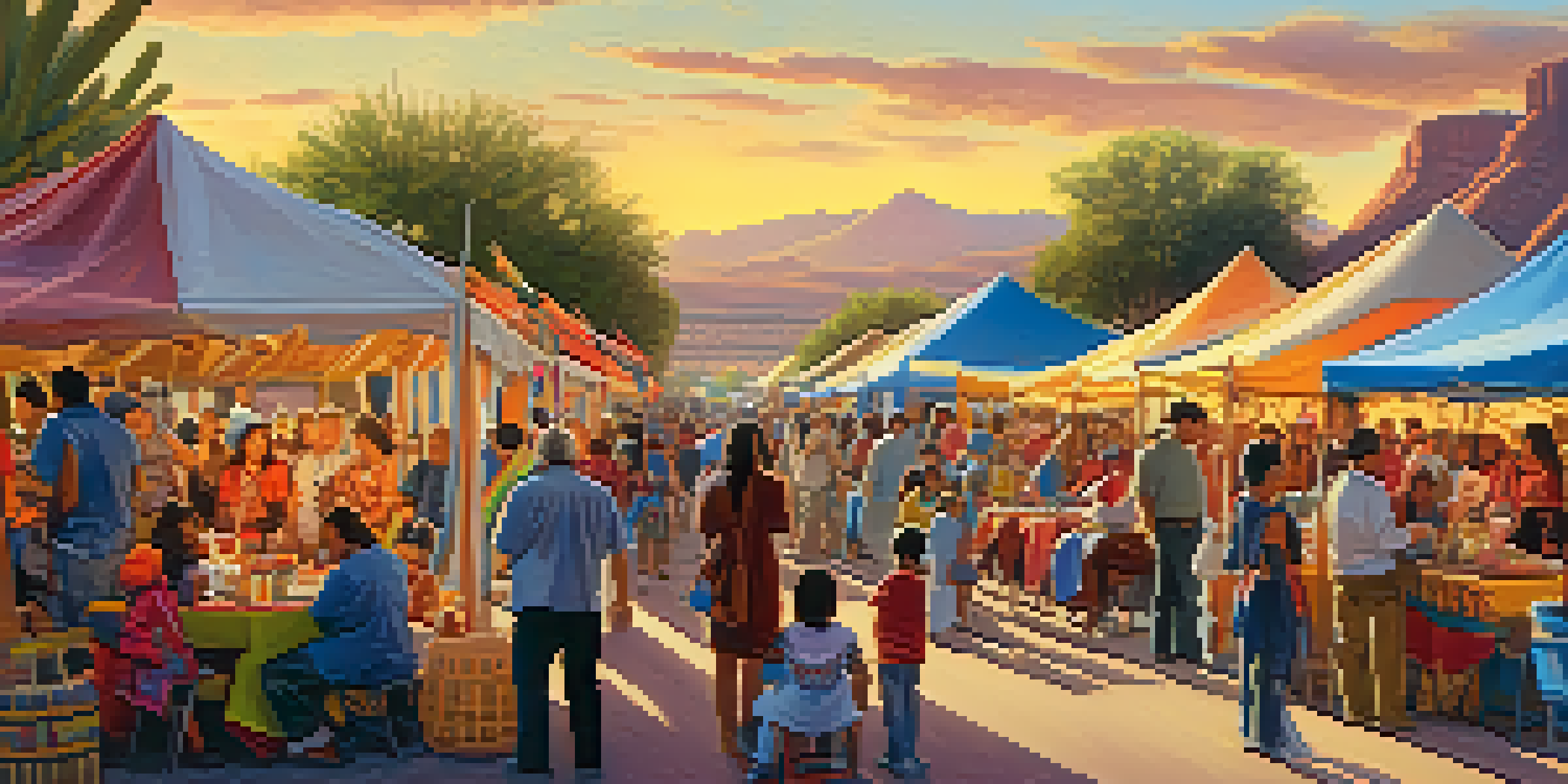 A lively festival in Arizona with colorful booths, musicians, and families enjoying local food.