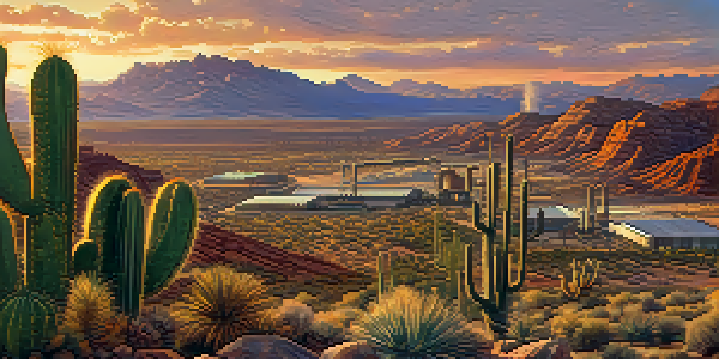 A panoramic view of an Arizona landscape featuring an active copper mine, rugged mountains, and desert flora at sunset.