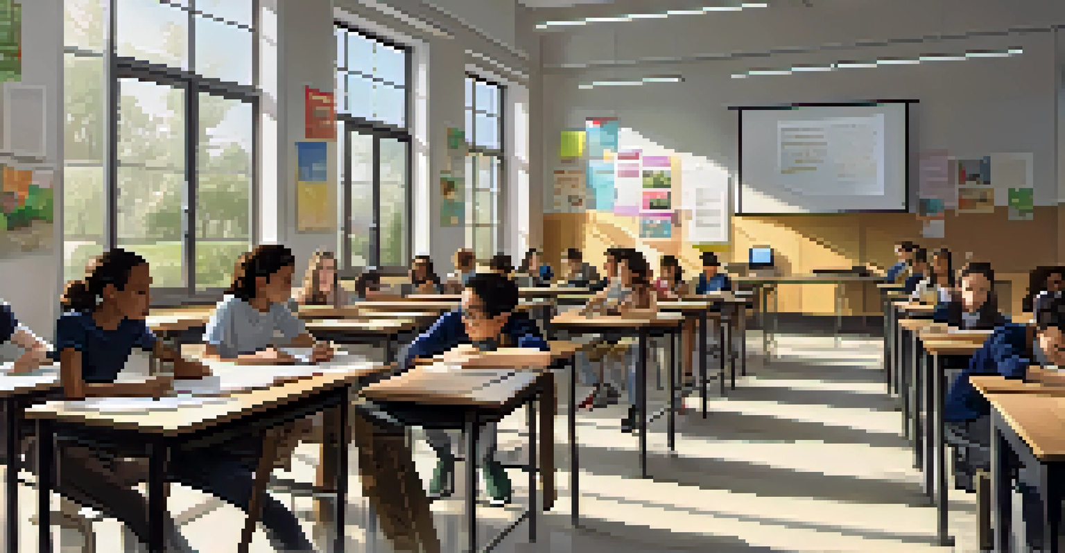 A modern classroom with students focused on a lecture, featuring bright lighting and educational posters on the walls.