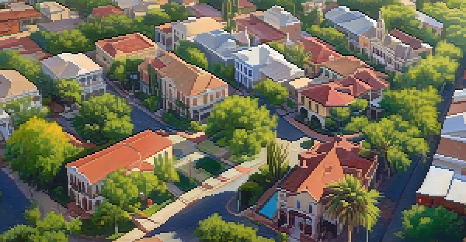 Aerial view of a historic district in Arizona with preserved buildings and lush green trees, bathed in late afternoon sunlight.