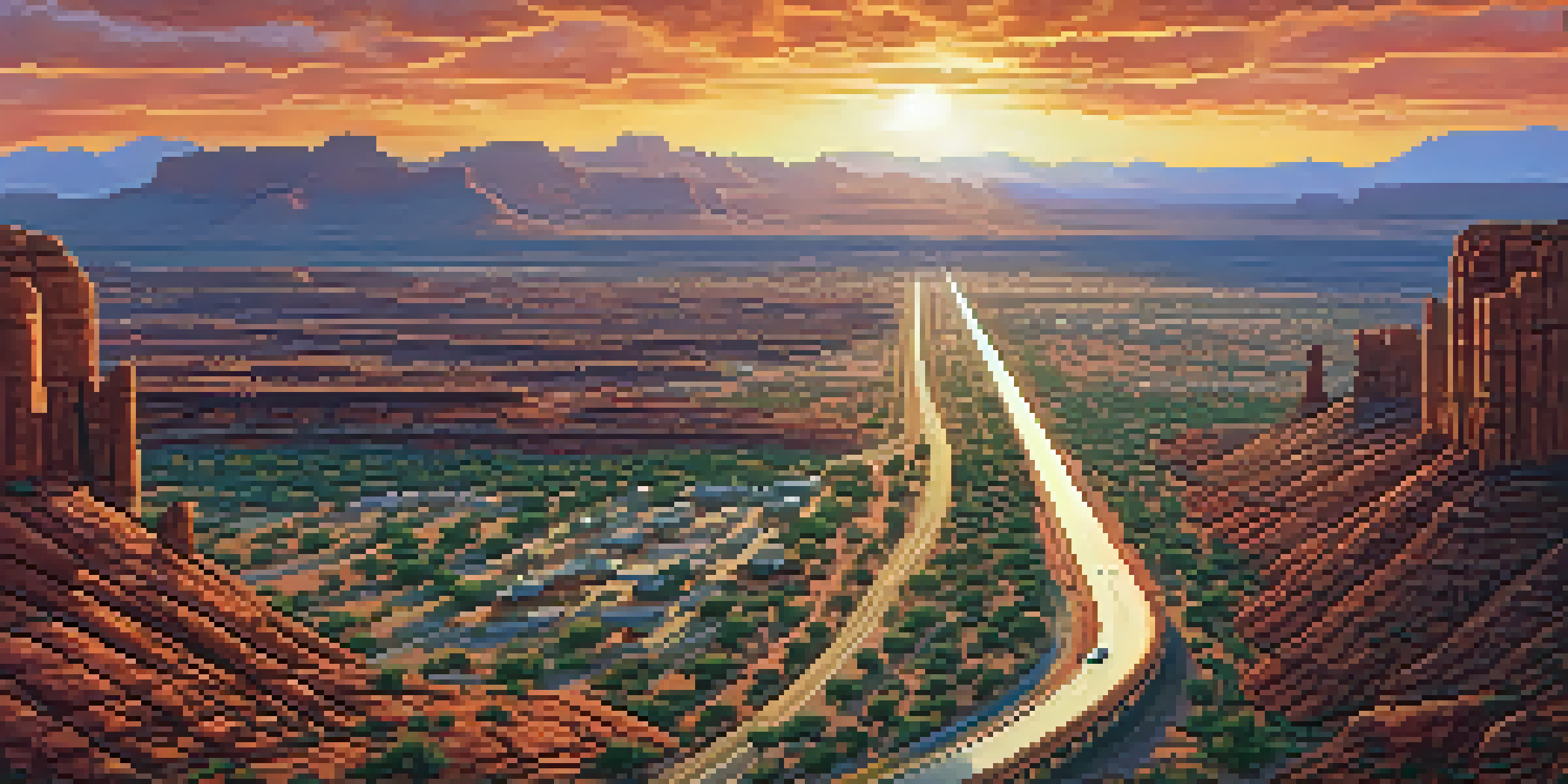 Aerial view of Arizona's highways surrounded by red rock formations and greenery during sunset.