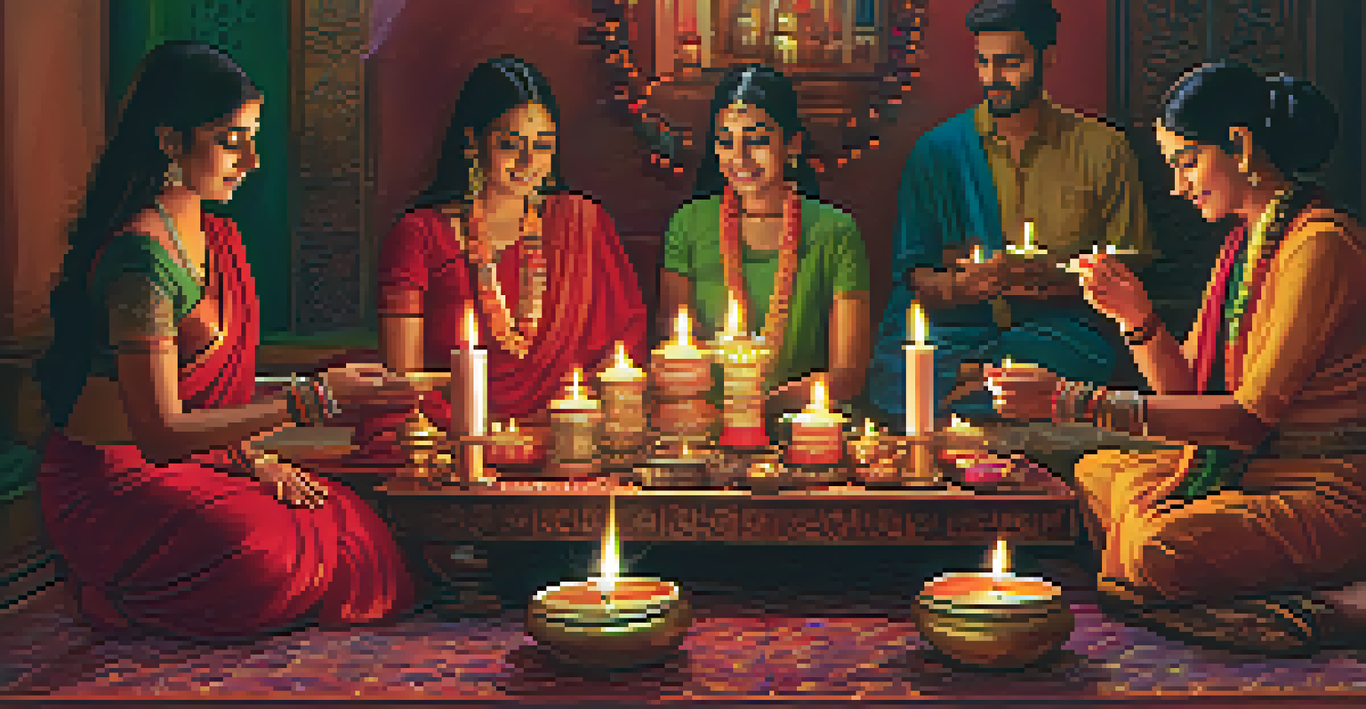 A diverse group of people lighting oil lamps during Diwali celebrations in Arizona, with vibrant decorations and warm light creating a cozy atmosphere.