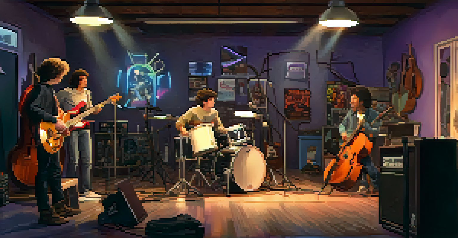 A group of young musicians rehearsing in a dimly lit garage filled with instruments and rock band posters, showcasing their energy and creativity.
