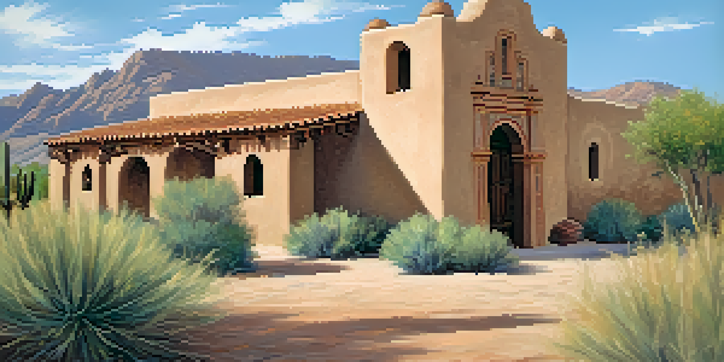 A historic Spanish mission in Arizona surrounded by desert plants under a blue sky.