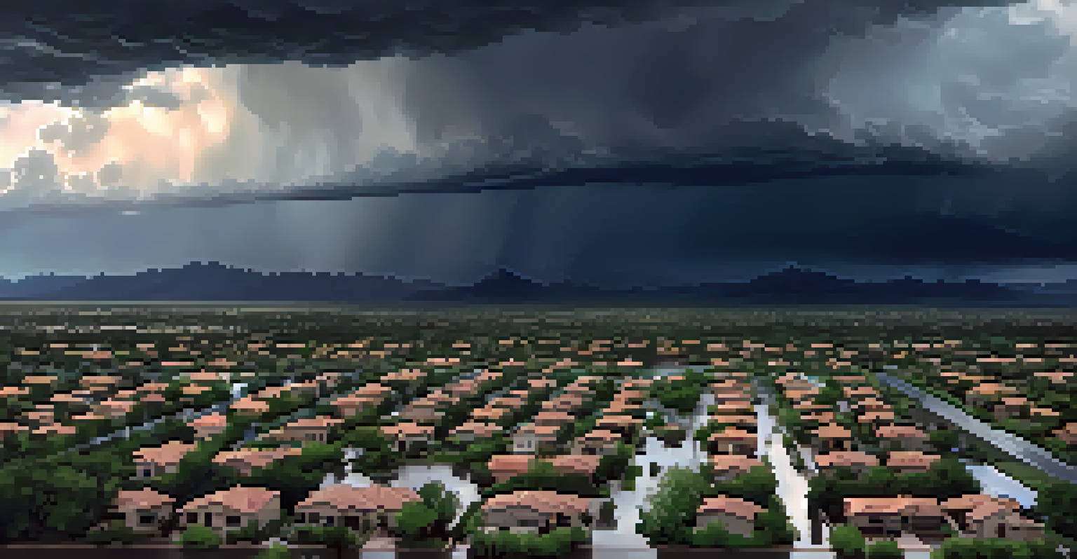 Aerial view of an Arizona neighborhood during monsoon season, with dark clouds and rain, highlighting potential flood zones.