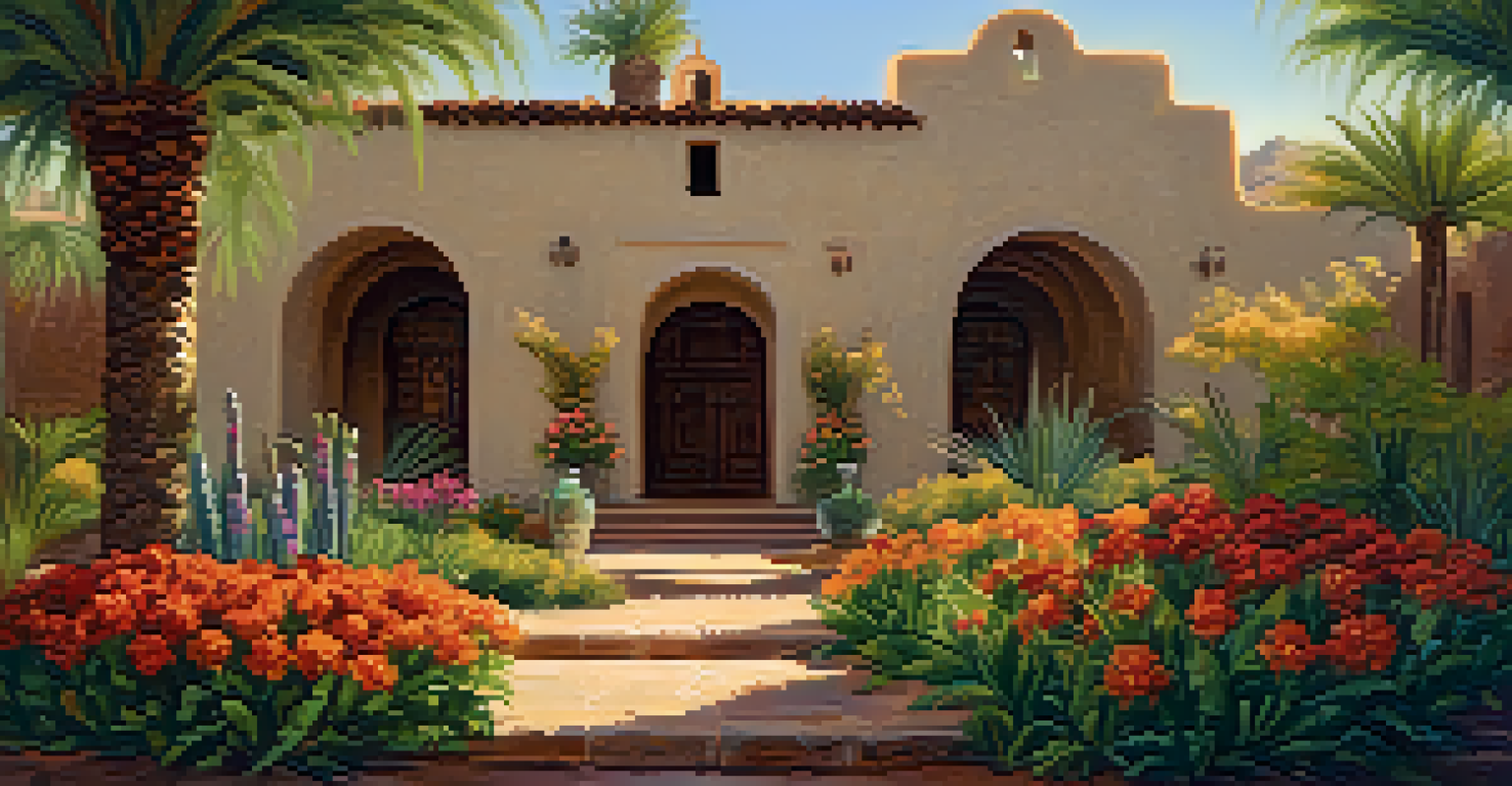 A Spanish mission in Arizona surrounded by greenery with Native people engaged in cultural practices, illuminated by soft lighting.
