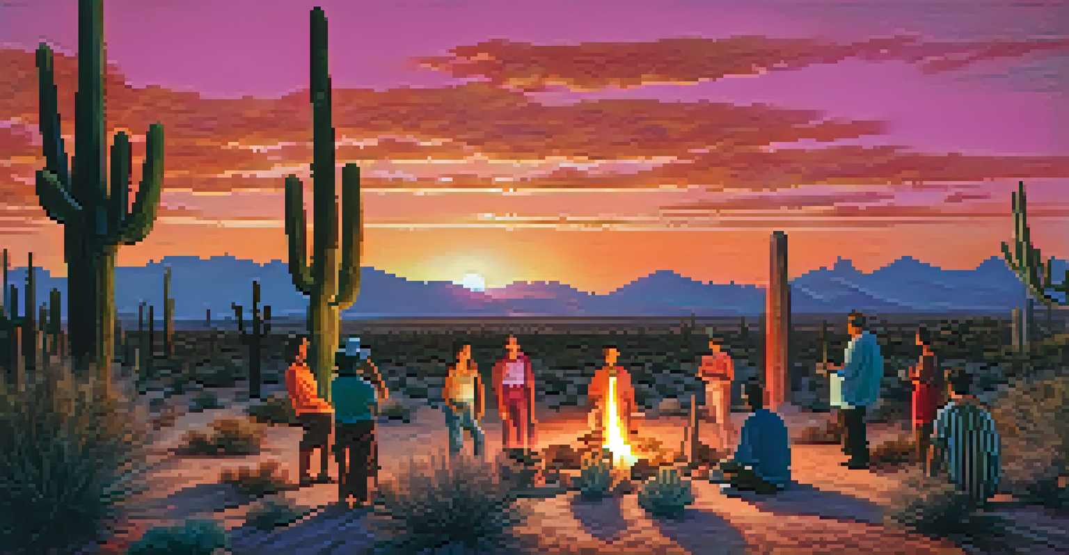 A picturesque Arizona desert scene at sunset with diverse people around a bonfire and saguaro cacti in the foreground.