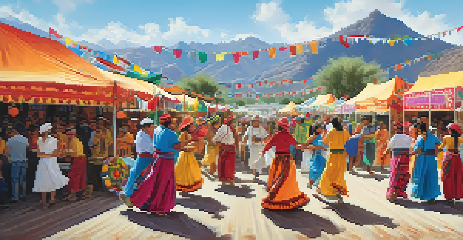 A lively cultural festival in Arizona with traditional dancers and colorful decorations.