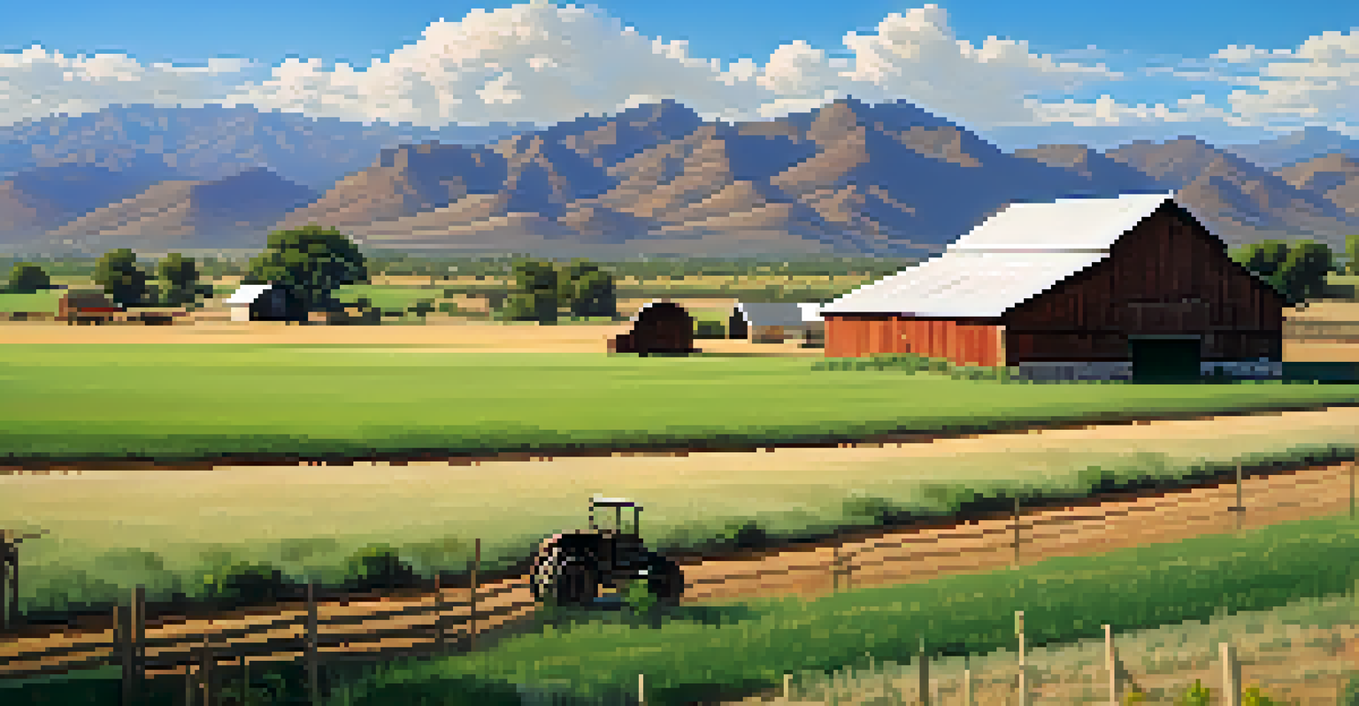 A peaceful rural landscape in Arizona with a farm, fields, and mountains.