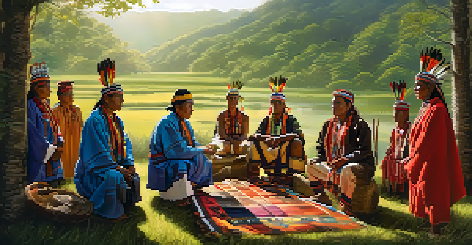 Indigenous leaders in traditional attire engaged in a land stewardship ceremony in a lush natural setting.