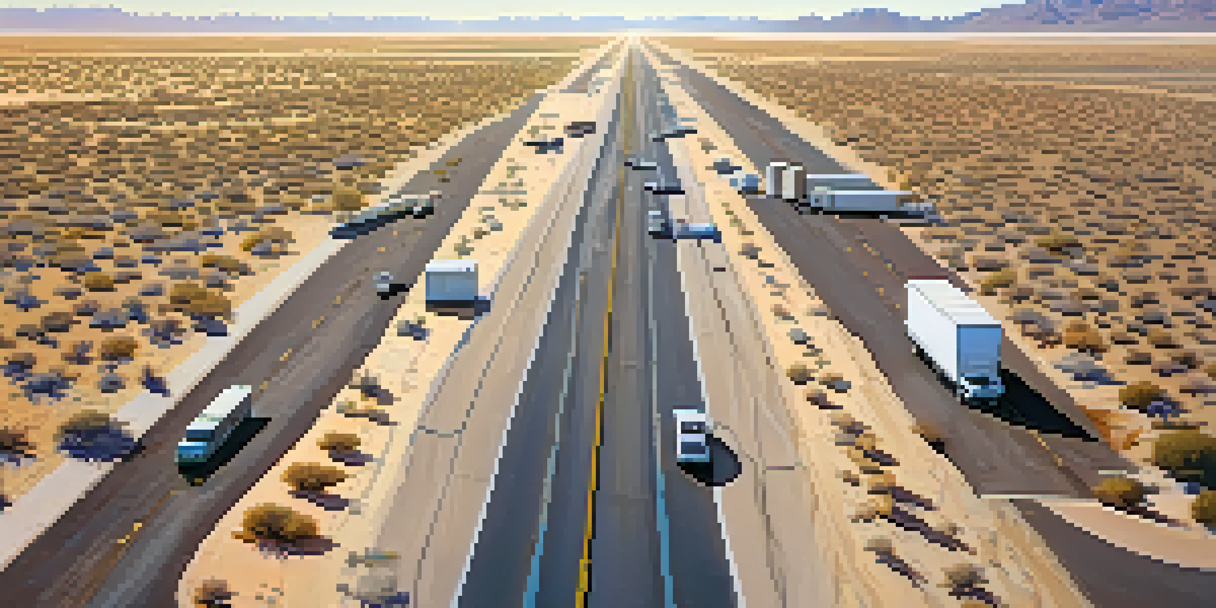 An aerial view of a busy Arizona highway surrounded by desert landscape and mountains in the distance.