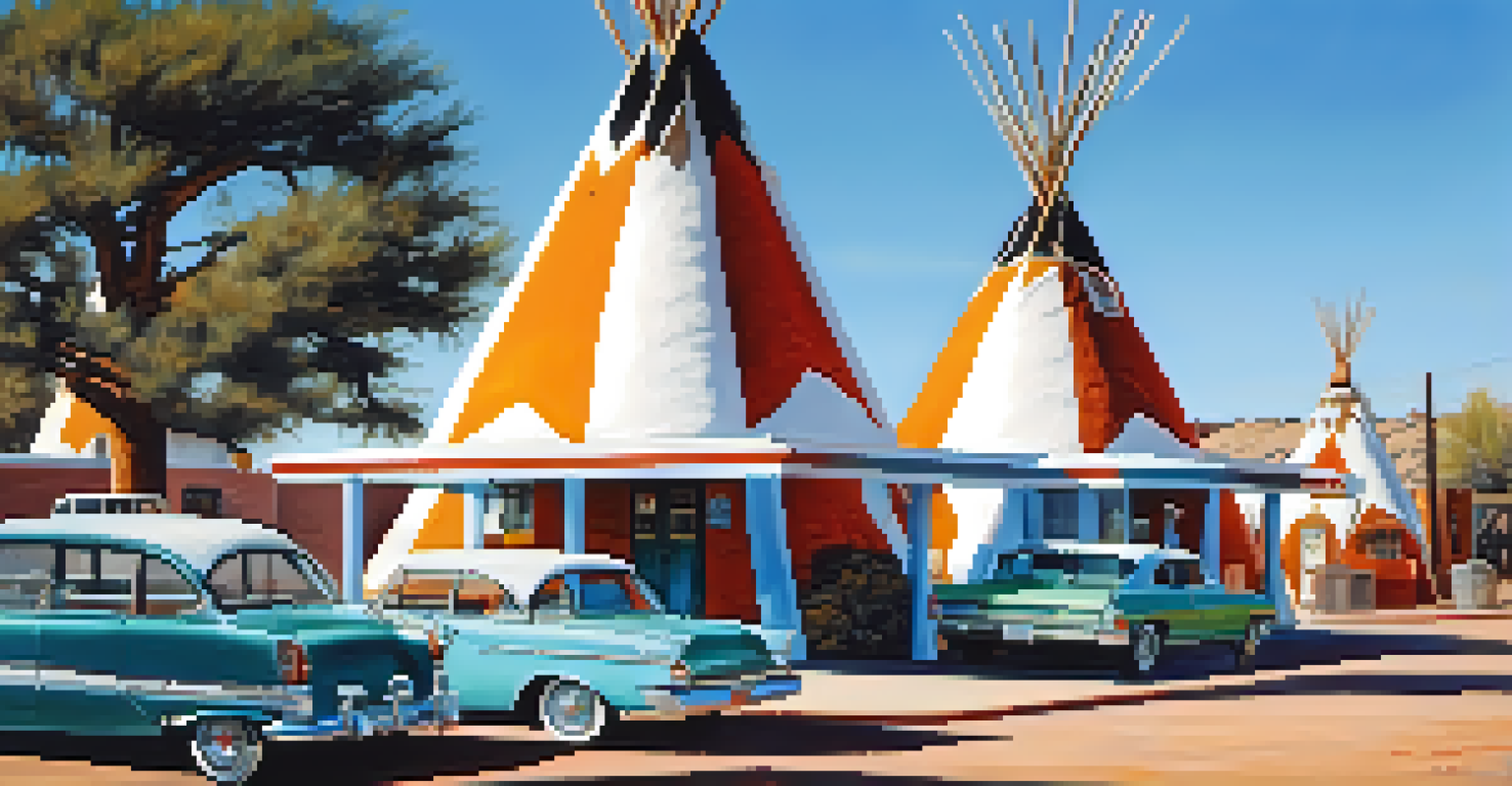 The Wigwam Motel in Holbrook, Arizona, showcasing teepee-shaped rooms and a classic car parked outside under a clear sky.