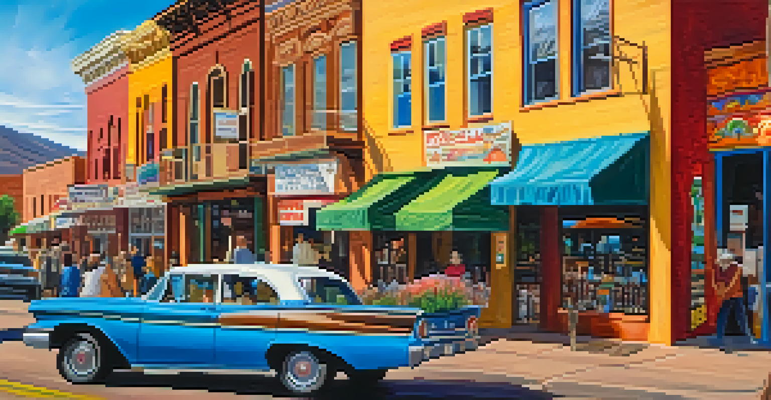 A lively street scene in Bisbee, Arizona, featuring colorful buildings, local artists, and beautiful flowers against the backdrop of the mountains.