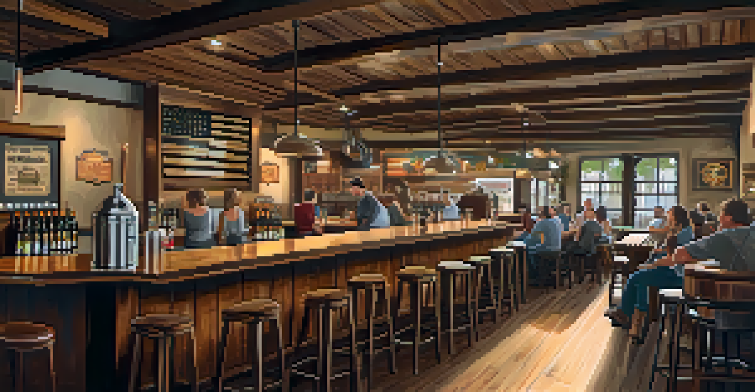 The interior of a craft brewery with rustic decor, patrons at the bar, and local art on the walls, creating a warm atmosphere.