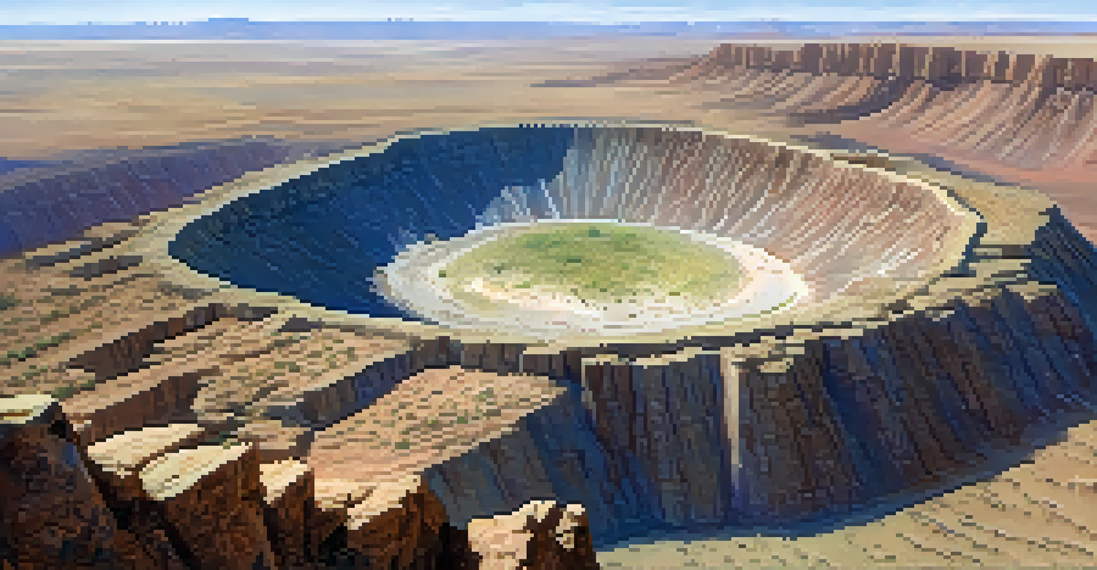Close-up of the rocky rim of Meteor Crater, showing stones and desert plants with the crater below.