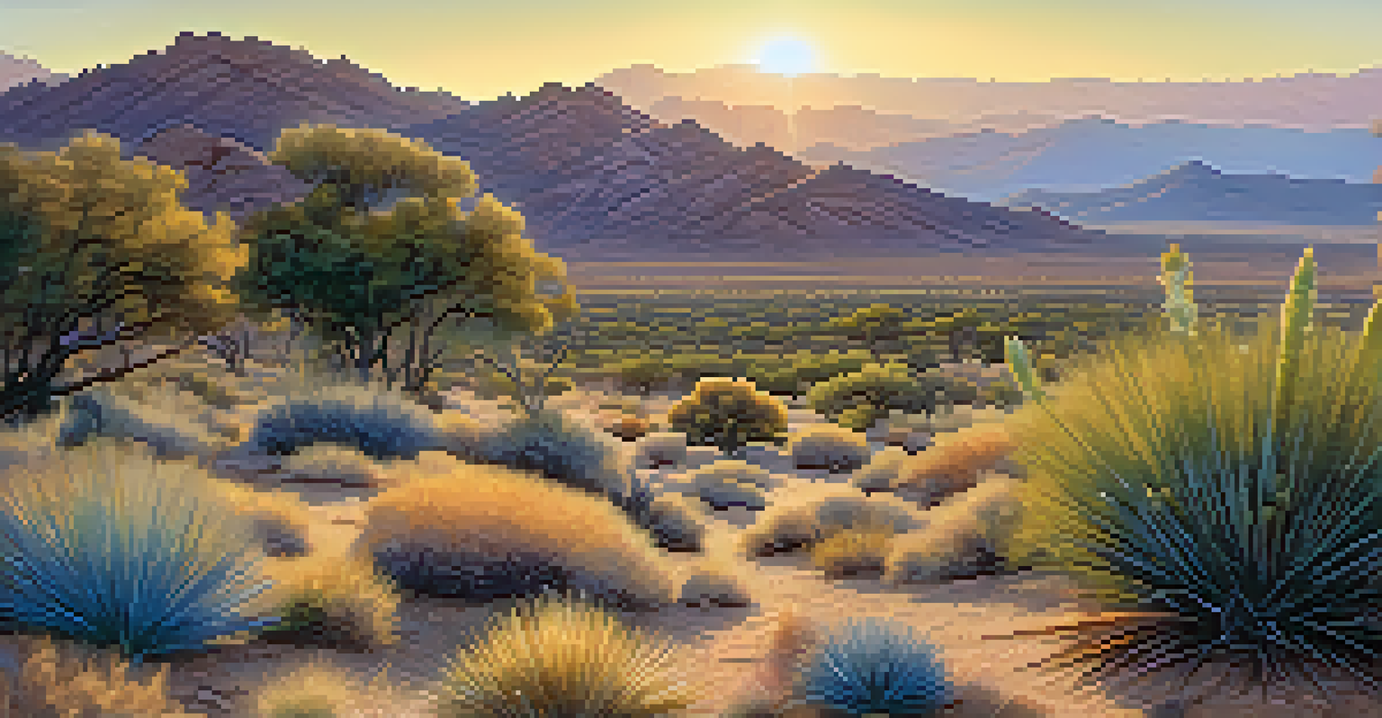 An arid landscape with various native plants like blue grama grass and jojoba bushes, with distant mountains and a warm sunset light.