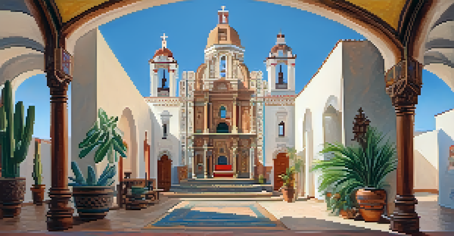 Inside Mission San Xavier del Bac, showcasing detailed wooden altars, colorful frescoes, and warm light filtering in.
