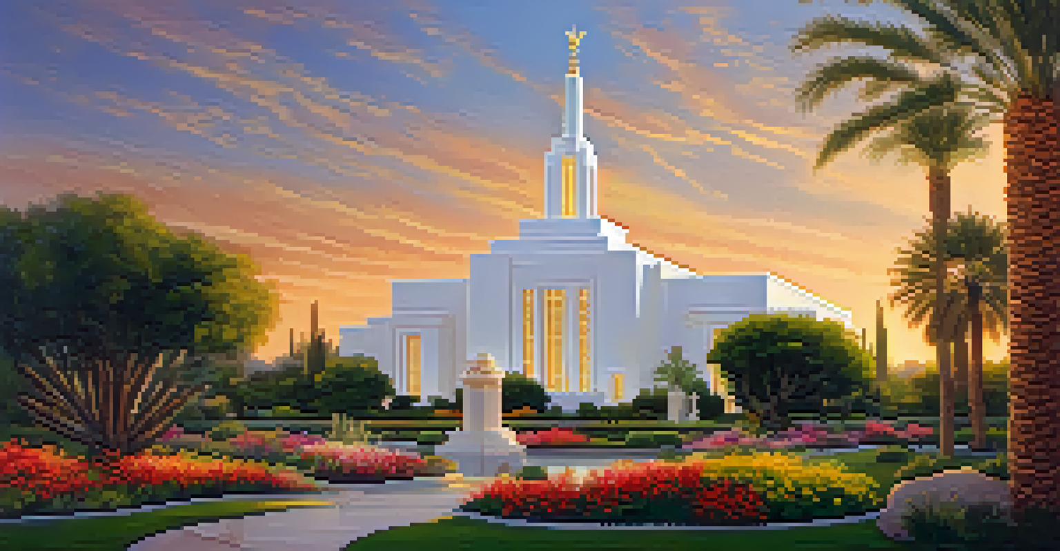 The Mesa Arizona Temple with its white exterior and lush gardens, illuminated by warm golden sunlight.