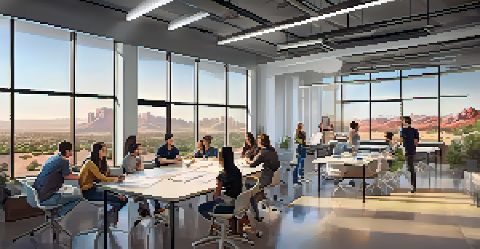 A startup incubator at a university in Arizona, showing young entrepreneurs brainstorming ideas in a modern room filled with whiteboards and a view of the city.