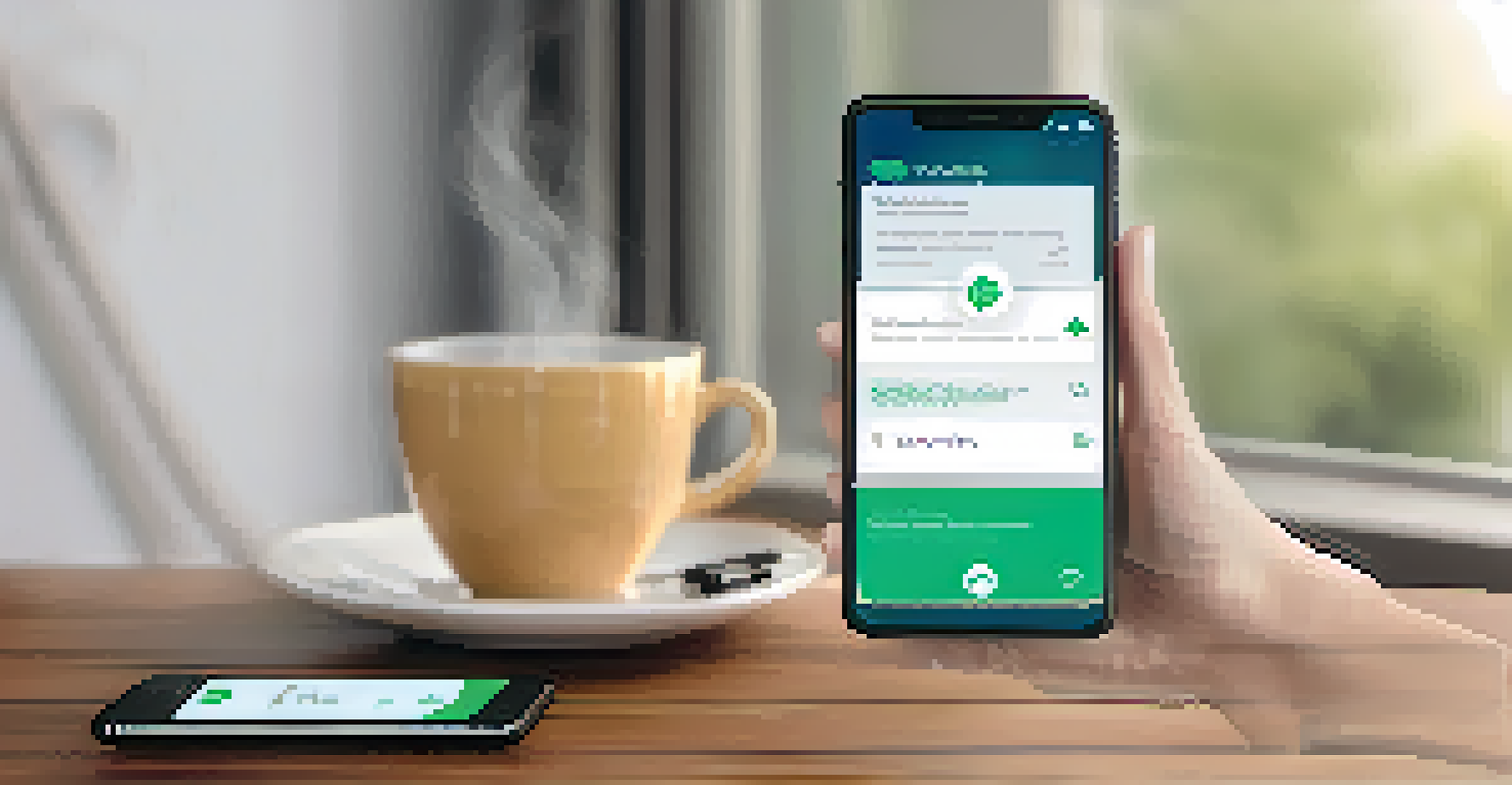 A close-up of a smartphone showing a telehealth app interface on a wooden table with a cup of tea beside it.