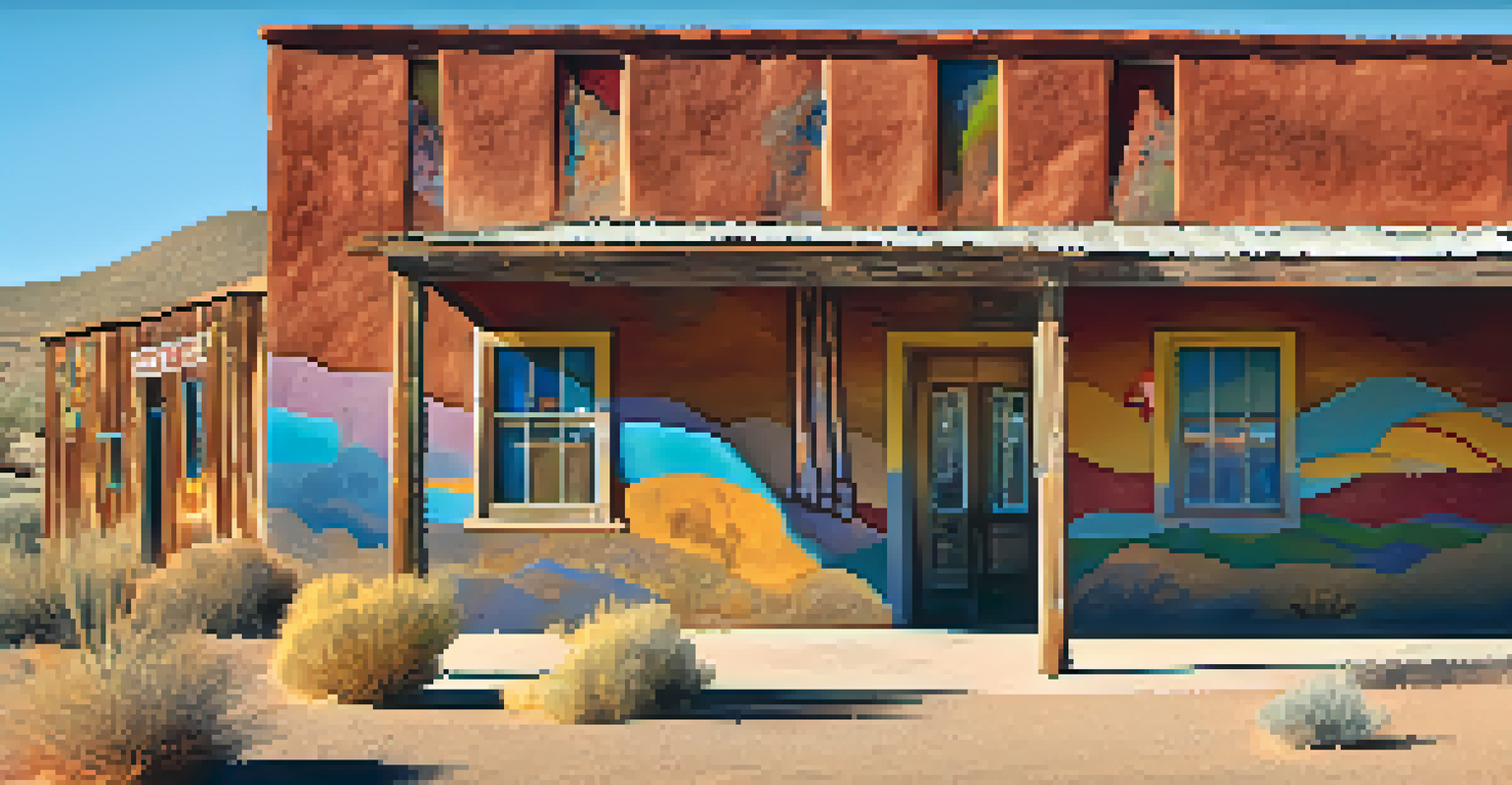 Close-up of colorful murals and art installations on old buildings in Chloride, Arizona, showcasing creativity amidst the historical ruins.
