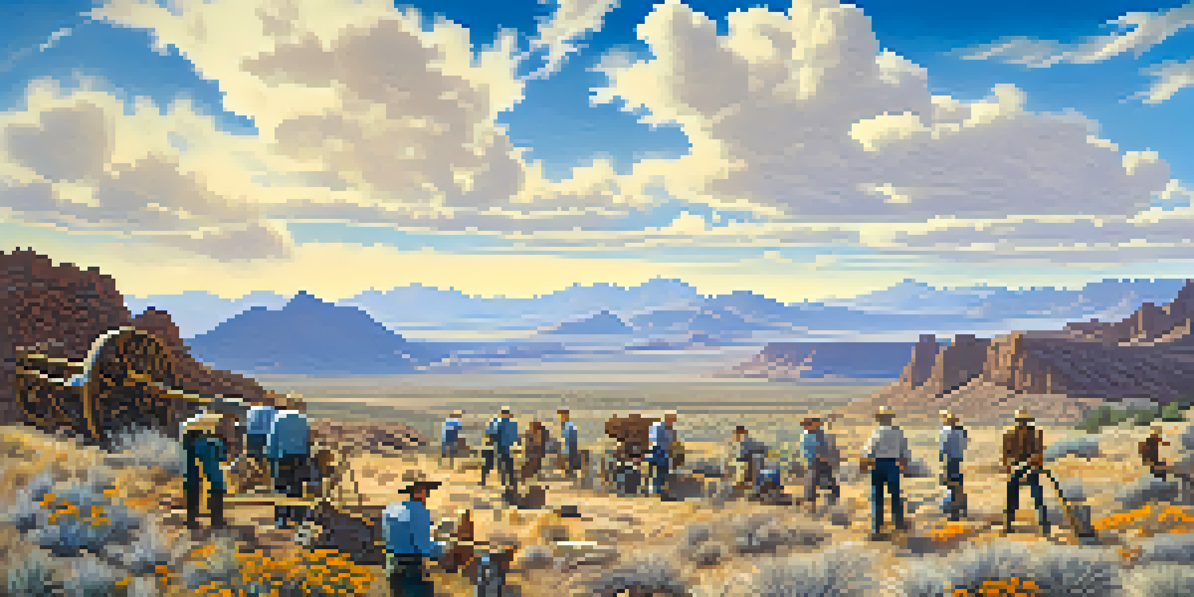 A scenic view of the Bradshaw Mountains with miners at work during the gold rush, featuring rugged terrain and colorful wildflowers.