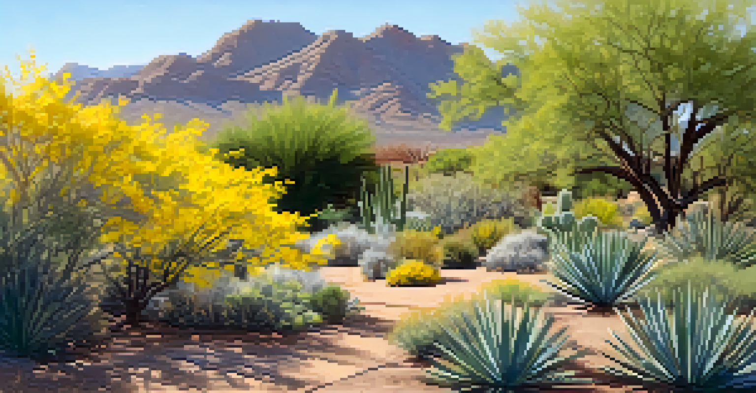 A tranquil Arizona garden with a Palo Verde tree and various native plants in soft morning light, highlighting the beauty of the local ecosystem.
