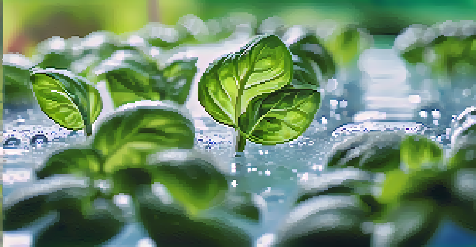Close-up of fresh green basil leaves in a hydroponic system with water droplets, showcasing the vibrant color and innovative growing method.